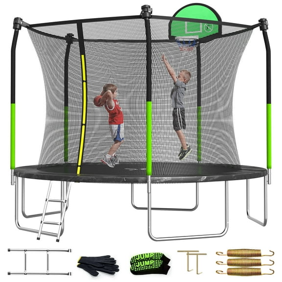 SKOK 12FT Trampolines,800LBS Trampolines for Kids with Basketball Hoop,Enclosure Net, Ladder,Jump Mat & Spring Cover
