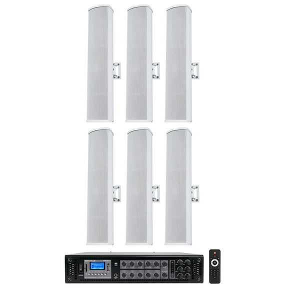Rockville Bundle: RCS350-6 350W 6-Zone 70V Amp w/ Bluetooth & WET ARRAY 4 White Speakers, IP55 Wall Mount, 2-Way Line Array for Restaurant, Church, Auditorium, Indoor/Outdoor Use (7 Item)