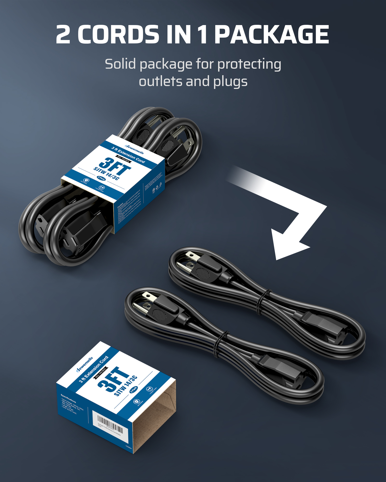 Dewenwils 3ft Extension Cords, 14/3 Gauge, 2 Pack, Black photo 6