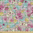 thumbnail image 2 of Ambesonne Cartoon Fabric by the Yard Upholstery, Kawaii Bunnies and Candy, 1 Yard, Turquoise Mustard Pink, 2 of 5