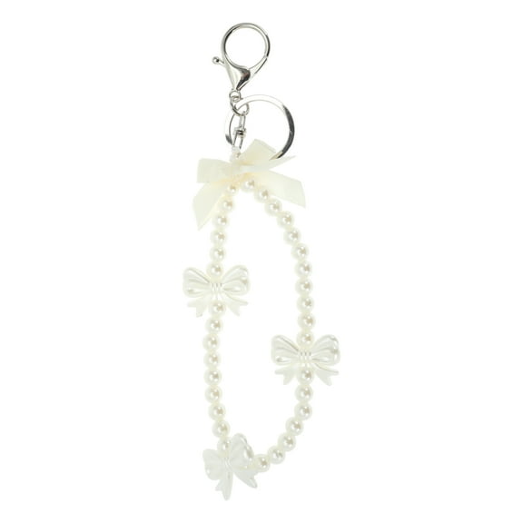 Unique Bargains 1 Pc Handbag Charms Keychains Faux Pearls Bow Bag Accessories White