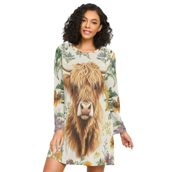 FORMRS Womens Long Sleeve Nightgowns Crew Neck Sleep Shirt Soft Pajamas Sizes S-3XL, Floral Cow