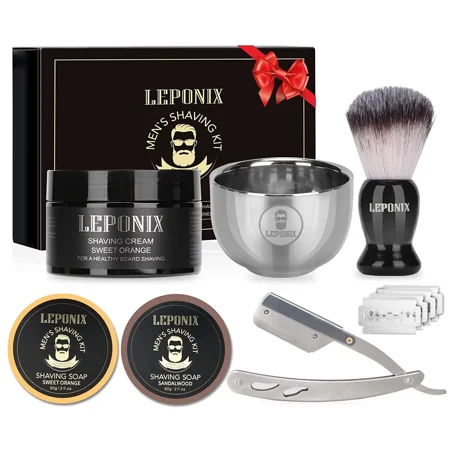 Straight Razor Shaving Kit, Includes 2 Packs Shaving Soap, Straight Edge Razor, Shaving Cream, Shaving Brush and Shaving Bowl Shaving Unique Gifts Set Stocking Stuffers for Men Him (Sweat Orange)
