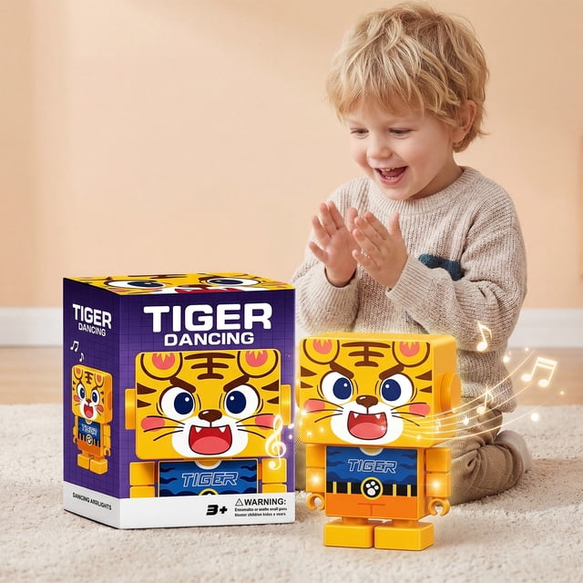 Dancing Tiger Block Robot Toy – PP Plastic Educational Puzzle Robot with Lights & Music, Autonomous Movement for Interactive Learning