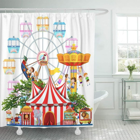 YUSDECOR Carnival Amusement Park Scene Many Rides Illustration Theme Food Bathroom Decor Bath Shower Curtain 60x72 inch
