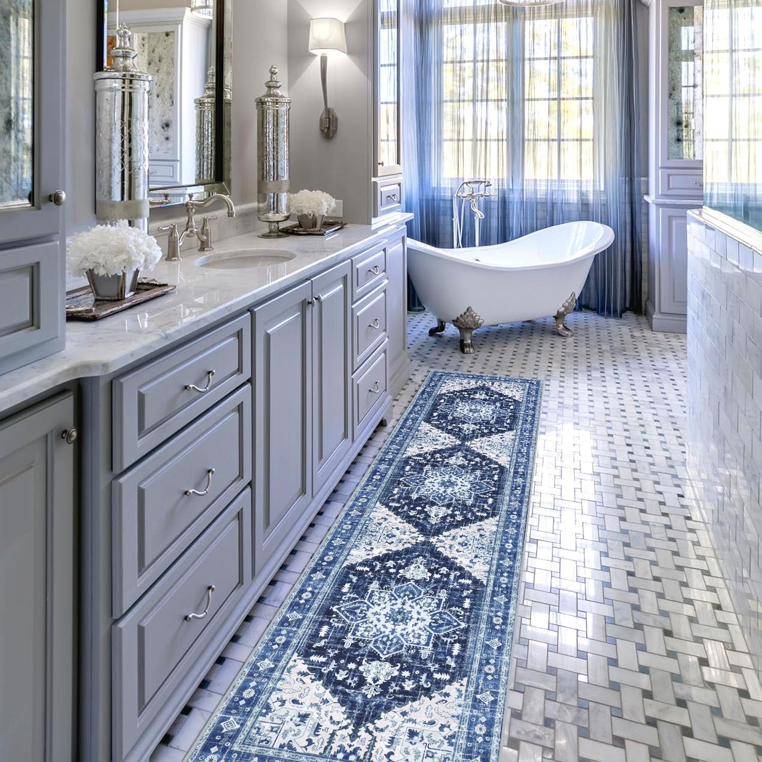 2'x8' Runner Rug for Hallway, Yamaziot Washable Blue Rug Runner with Rubber Backing, Non Slip Vintage Carpet Floor Mat for Bedroom Kitchen Laundry