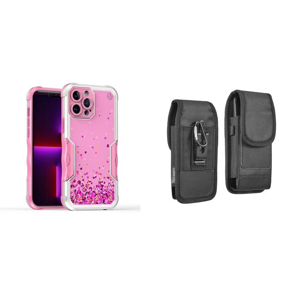 Case and Pouch Bundle for iPhone 14: Heavy Duty Armor Rugged Case (Pink Floating Hearts) and Vertical Rugged Nylon Belt Holster