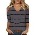 thumbnail image 2 of BiZtdJrK 3/4 Sleeve Striped Tops for Women Dressy Casual Cold Shoulder V Neck Blouses Lightweight Summer T Shirts Gray XXL, 2 of 5