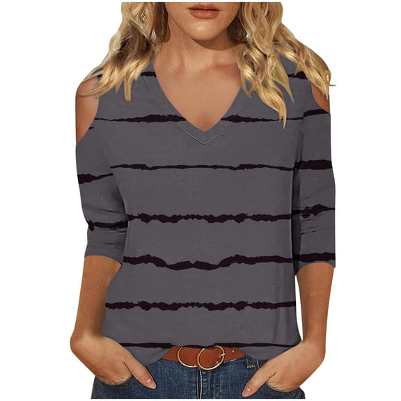 Raeneomay 3/4 Length Sleeve Womens Tops Women's Fashionable Casual Off Shoulder V-Neck Printed Top