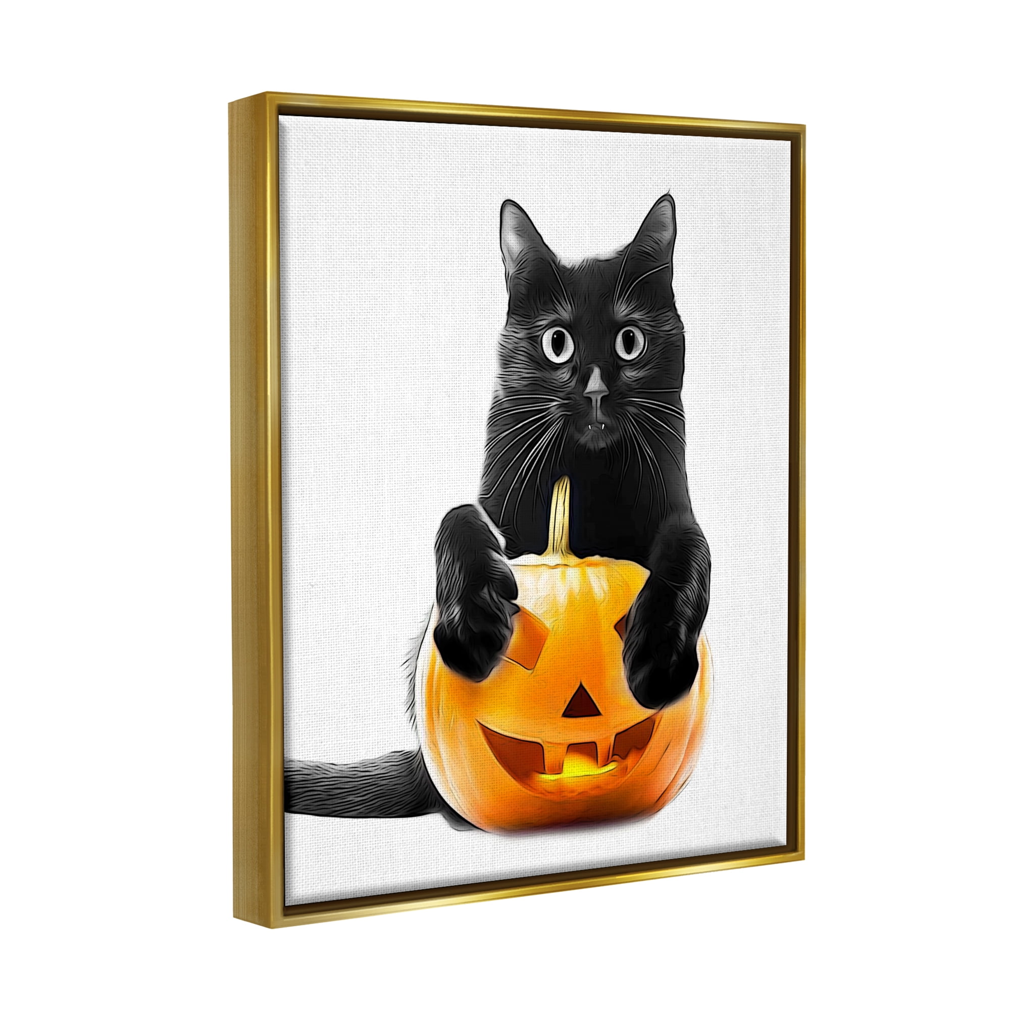Stupell Industries Black Cat & Jack-o-Lantern Holiday Painting Gold Floater Framed Canvas Art Print Wall Art, 25 x 31
