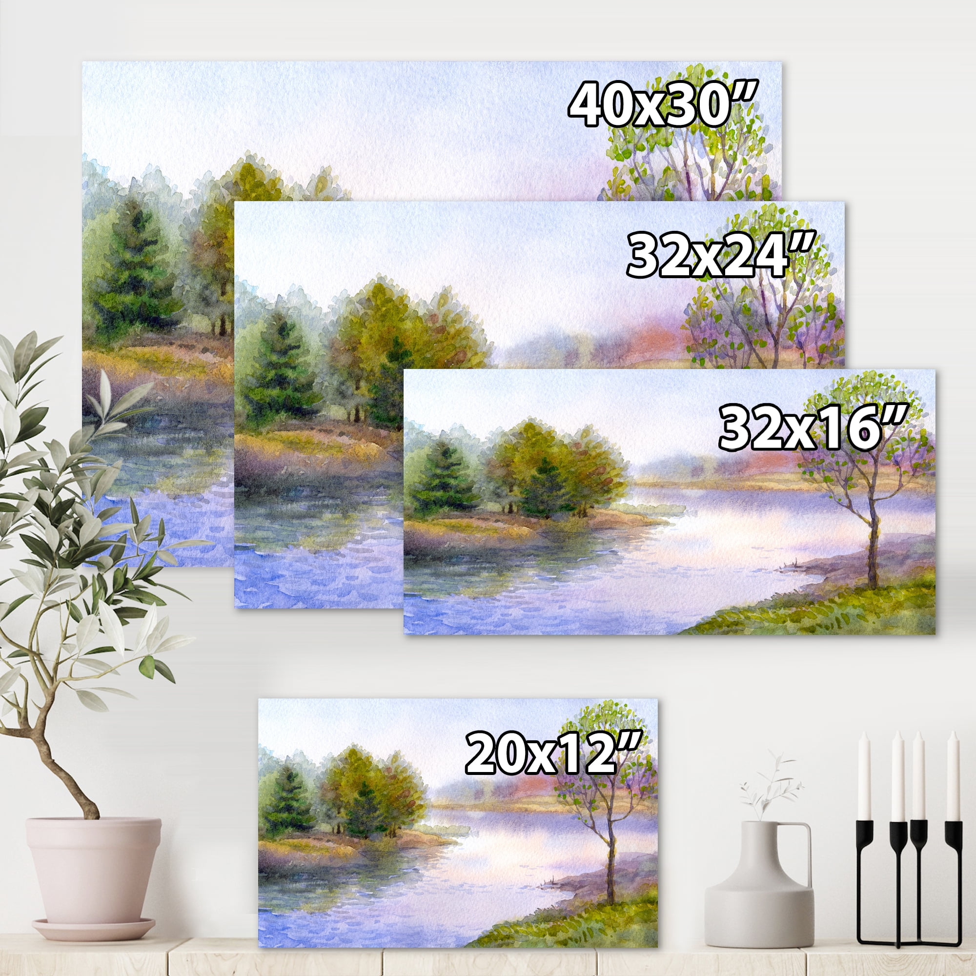 Designart ' Trees On The Bank Of River ' Lake House Canvas Wall Art Print