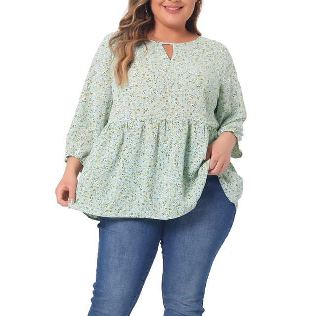 GRACE & GRANDEUR Women's Plus Size Tops Babydoll Keyhole Ruffle 3/4 Sleeve Floral Blouses 3X Light Green