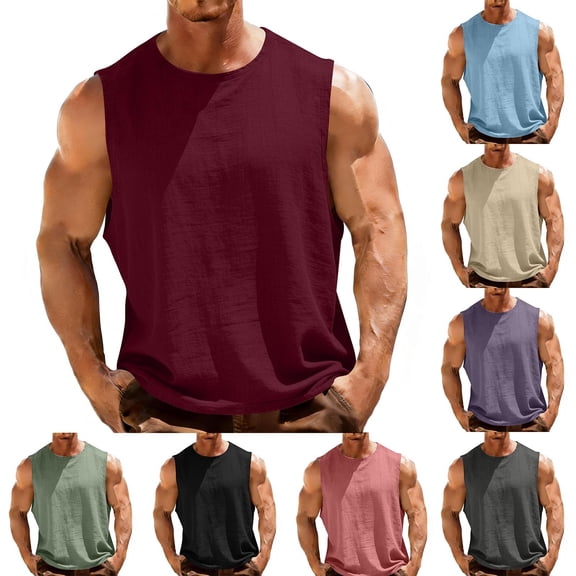 Eryao Cotton Linen Tank Tops for Men Casual Sleeveless Vest Shirts Classic Solid Color Muscle Tees,Blue,XXXL