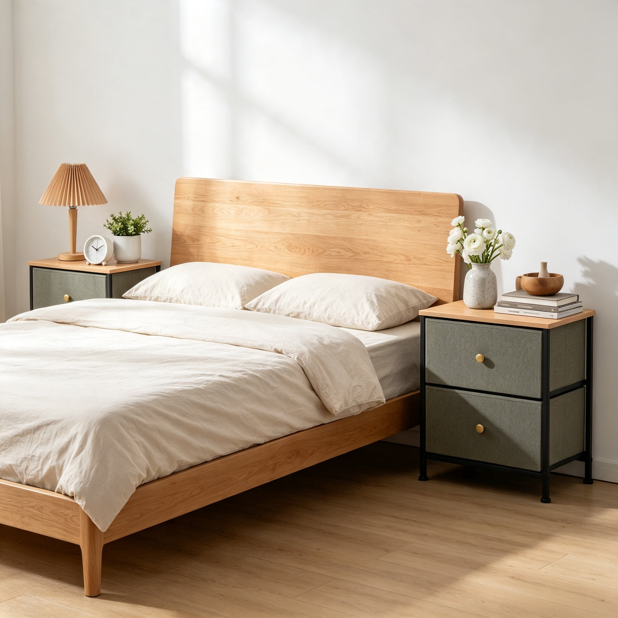 Double Drawer Bedside Table for Bedroom Living Room Storage
