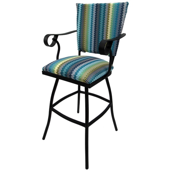 Swivel Outdoor Bar Stool 30" Seat - Jenna - Aqua Stripe Fabric - Black