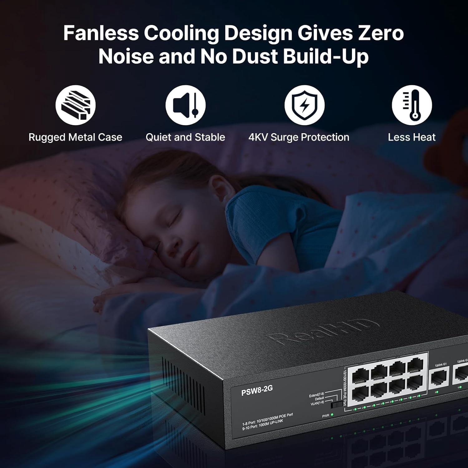 8 Port Full Gigabit PoE+ Ethernet Network Switch, with 2 Gigabit Uplink Ports Up to 30W Per PoE Port, Total Budget 120W, 48 Volt 803.af 803.at Compliant, Compatible with PoE IP Cameras VOIP Phones