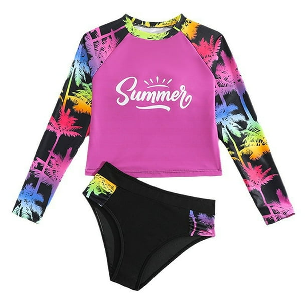 Odeerbi 8-12 Años Niñas Manga Larga Trajes de Baño Antisarpullidos Playa de Verano Dos Piezas Entrenamiento Atlético Traje de Baño Hawaiano Traje de Baño Con Braguita de Bikini