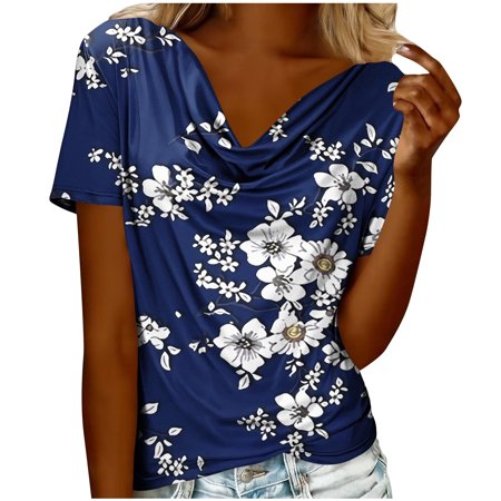 Womens Dressy Tops with Floral Prints Short Sleeve Cowl Neck Elegant Blouses Summer Casual Graphic Tee Shirts (2XL Blue #A)