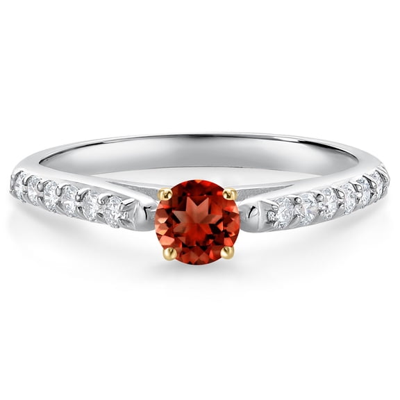 Gem Stone King 0.55 Ct Red Garnet G/H Lab Grown Diamond 10K White and Yellow Gold Engagement Ring (Size 9)