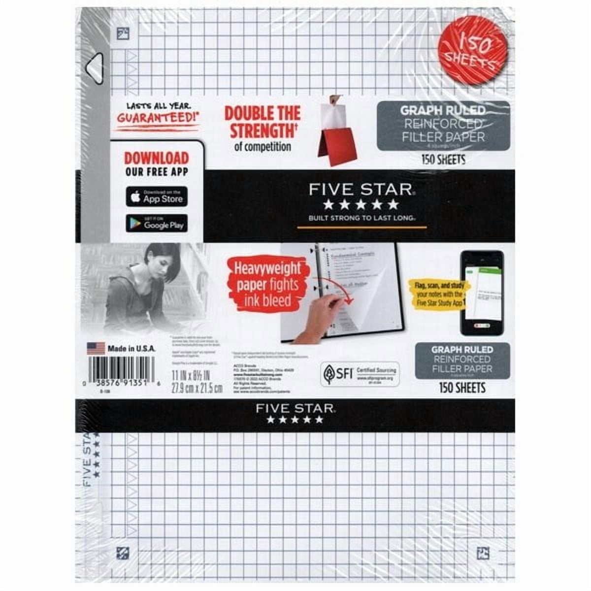 Bundle of 3 Packs - Five Star Graph Ruled Reinforced Notebook Filler Paper - 8.5" x 11" (150 Sheets)