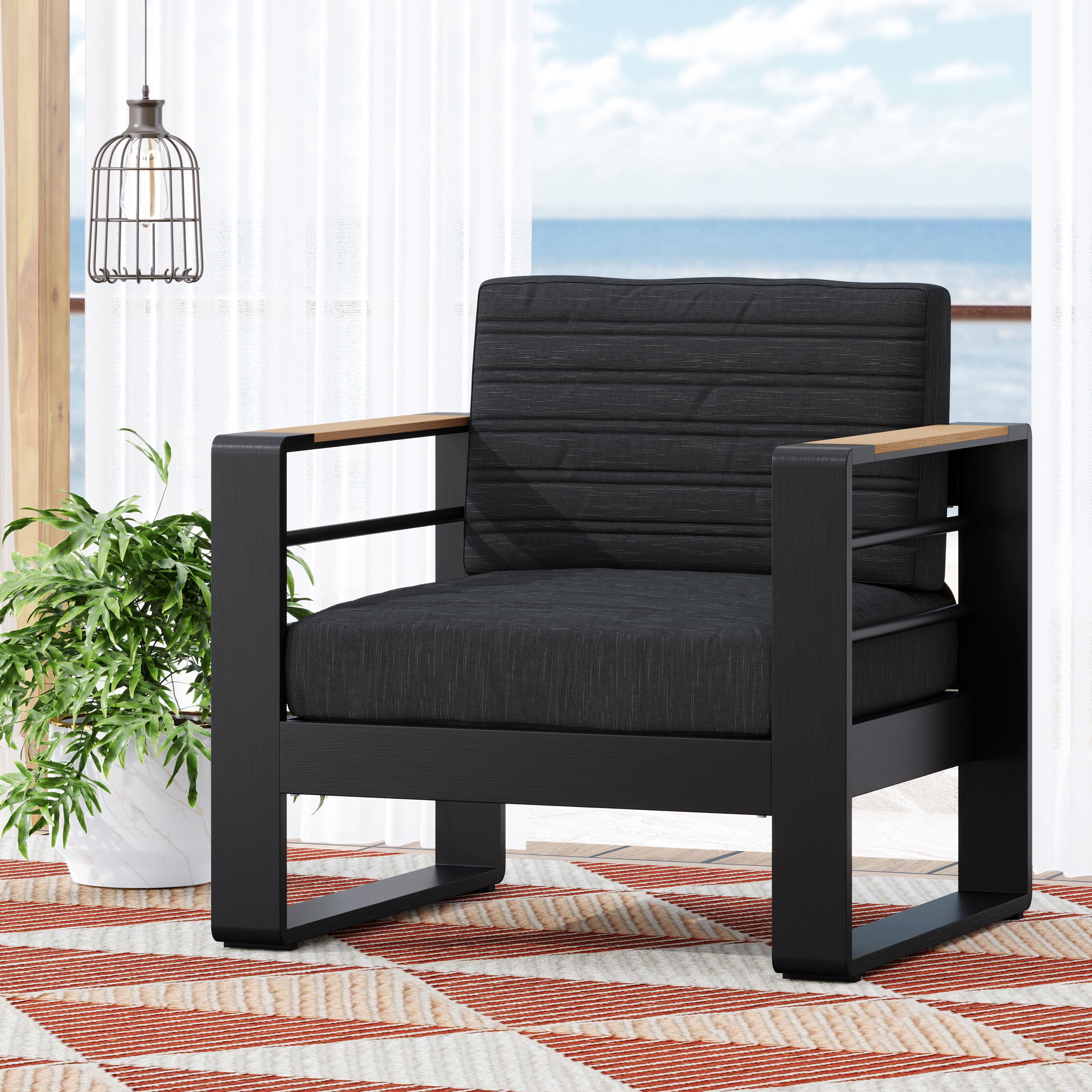Outdoor Single Leisure Chair, Aluminum Frame Relaxing Seat for Patio Garden, Black