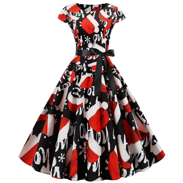 Navidad mujer vendaje Retro estampado manga corta noche cuello redondo fiesta graduación vestido Vintage Fridja qw3732