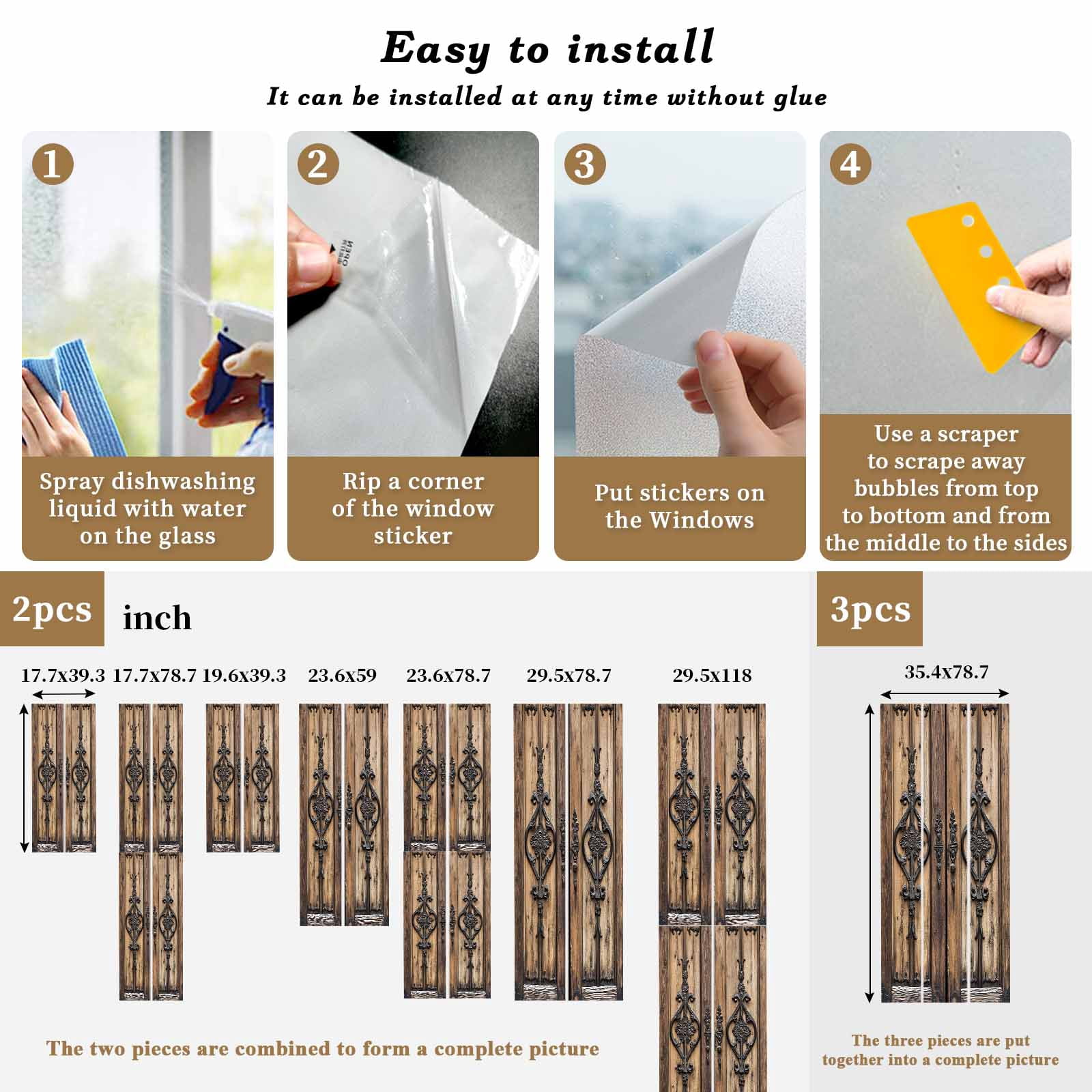 Wooden Plank Window Privacy Film, Rustic Farmhouse Brown Black Barn Door Static Cling UV Sun Blocking Heat Control Window Tint Day and Night, Non-Adhesive One Way Windows Privacy Cover 29.5''x78.7''