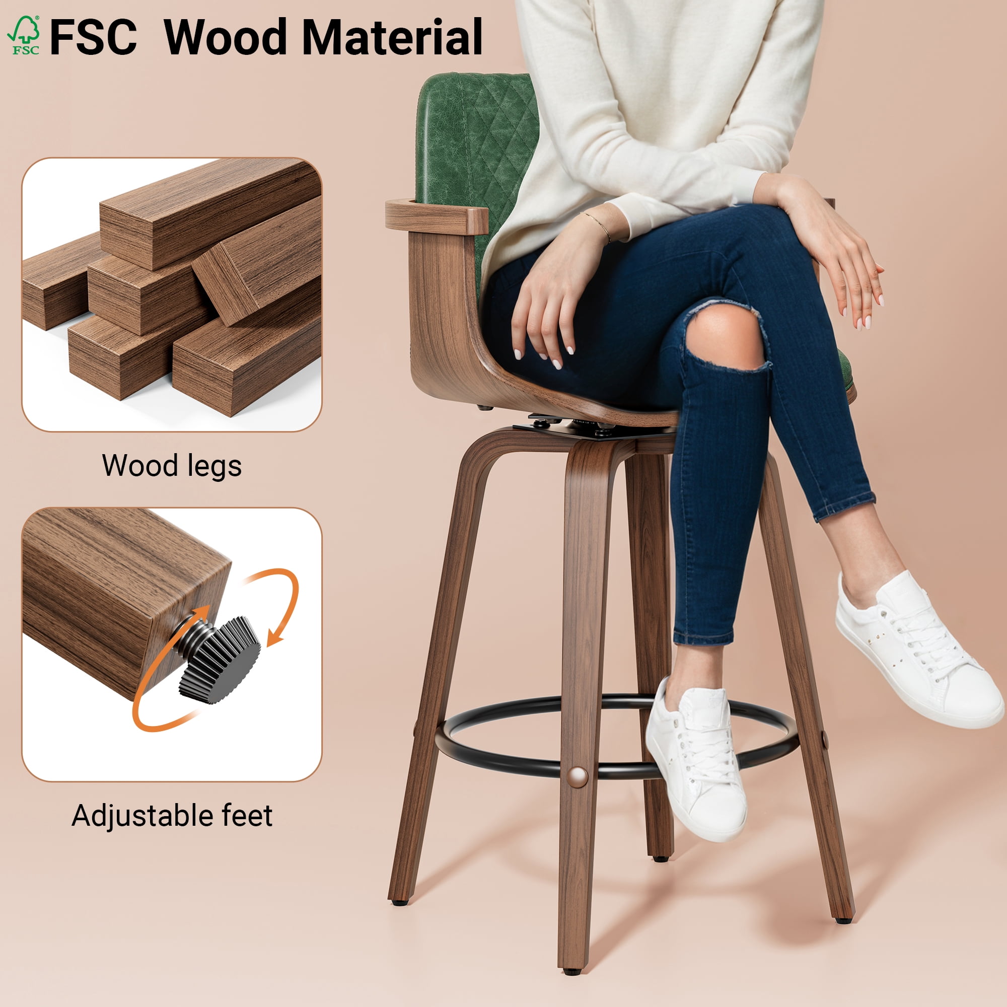 LainTene Bar Stools Set of 3, 26" Bentwood Barstools with Arms High Back, Mid-Century Modern Counter Height Swivel Bar Chairs for Kitchen Island
