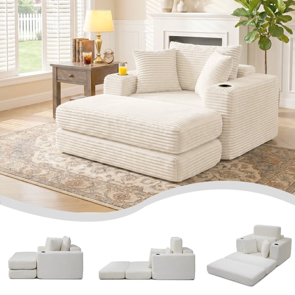CKEASEAN 52" Corduroy Boneless Chaise Lounge Indoor, 3-in-1 Oversized Cloud Folding Sofa Bed with Ottoman & Cup Holders, Comfy Single Reading Chair for Living Room, No Assembly Required