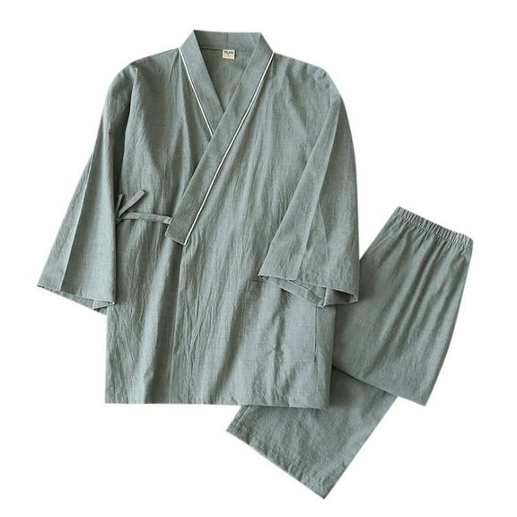 Mens Pajama Set 2 Piece Japanese Style Pajamas Half Sleeve Top and Pants Solid Color Lightweight Home Wear Classic Fit Lounge Wear