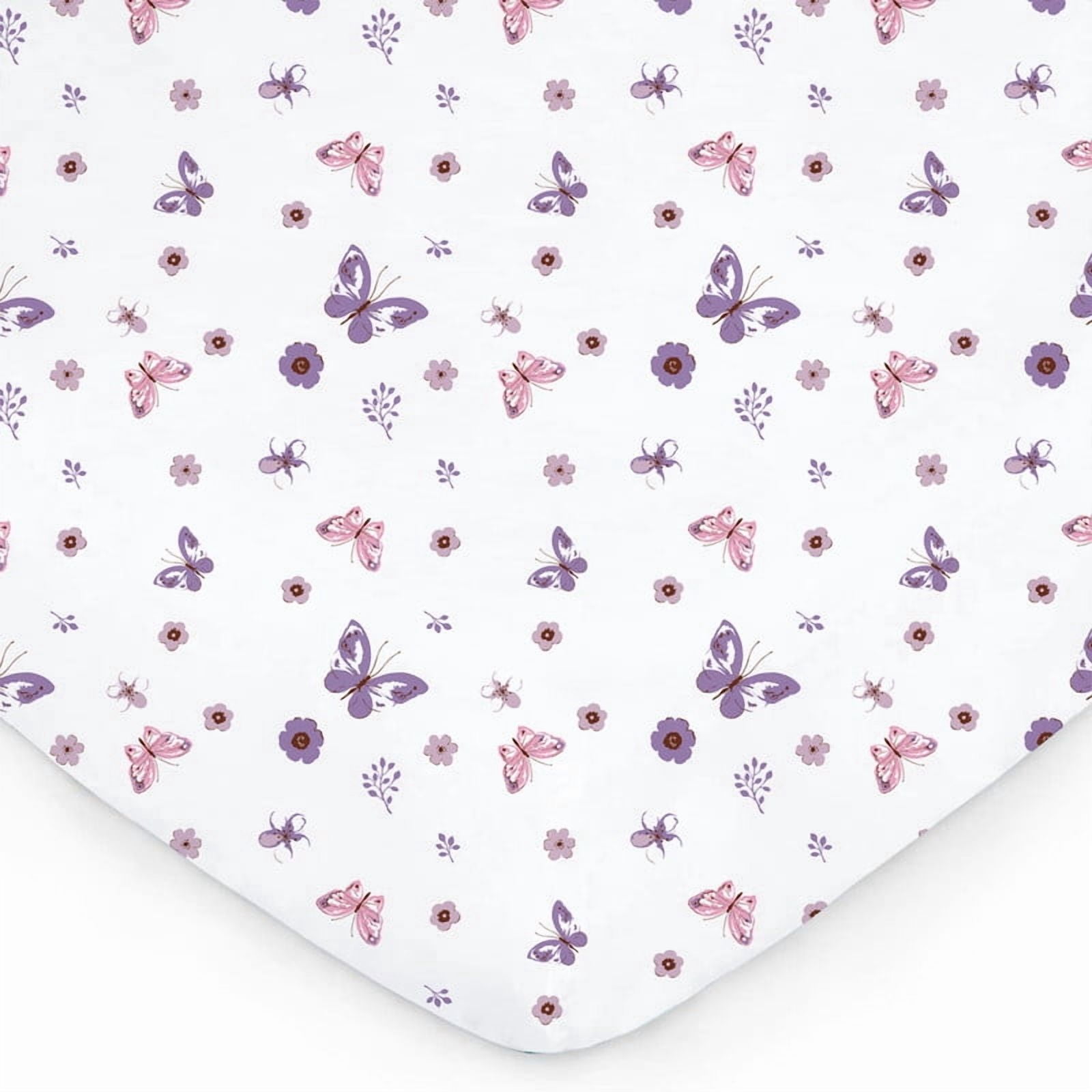 Little Grape Land Crib Sheets for Baby Girls 4 Pack, 28"x 52" Extra Soft Microfiber Crib Sheet Set for Standard Crib & Toddler Mattress Pad, Tiny Petals & Pink & Butterfly & greyish purple