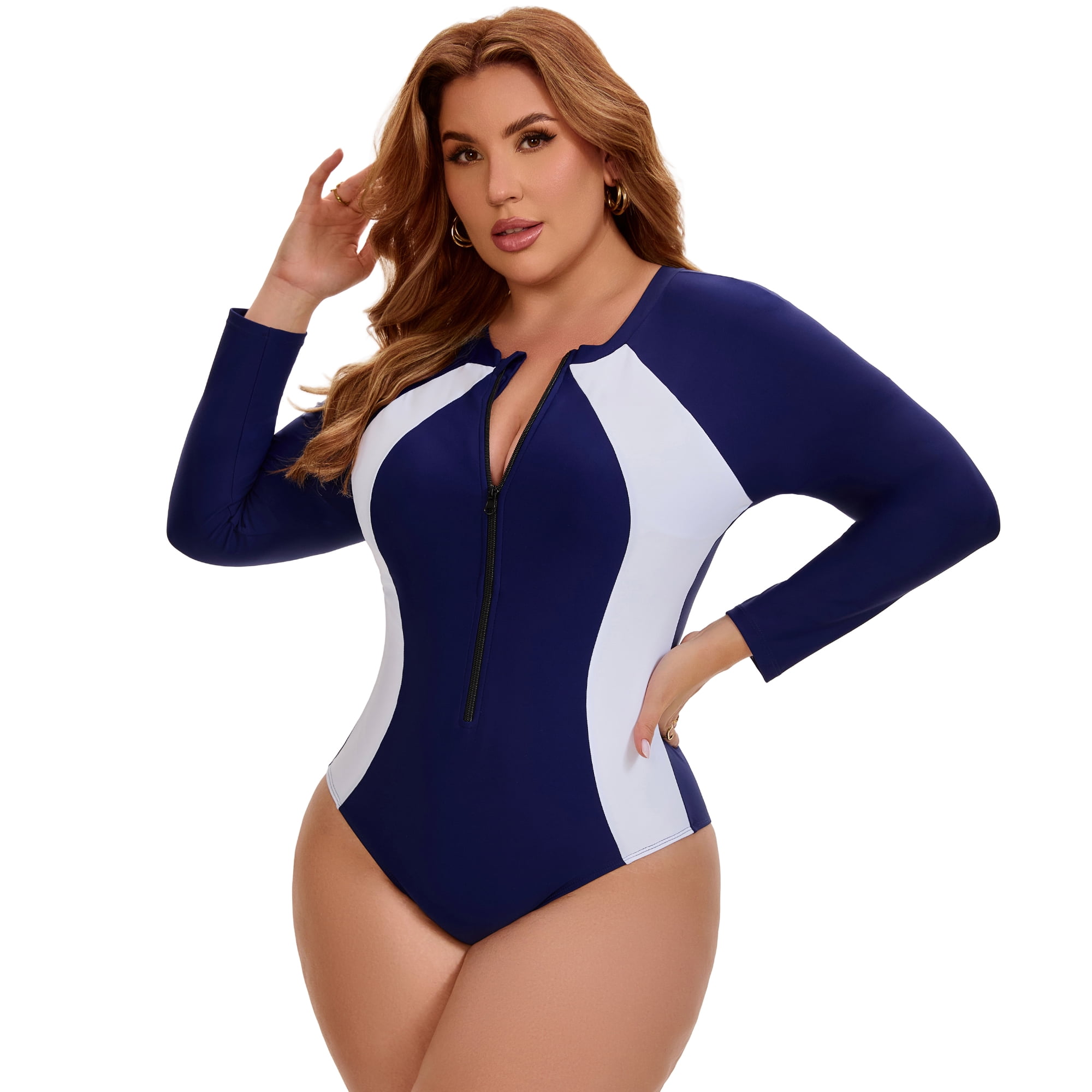 DARING DIVA Women's Plus Long Sleeve Zip Front Beach Swimsuit 4X Navy White