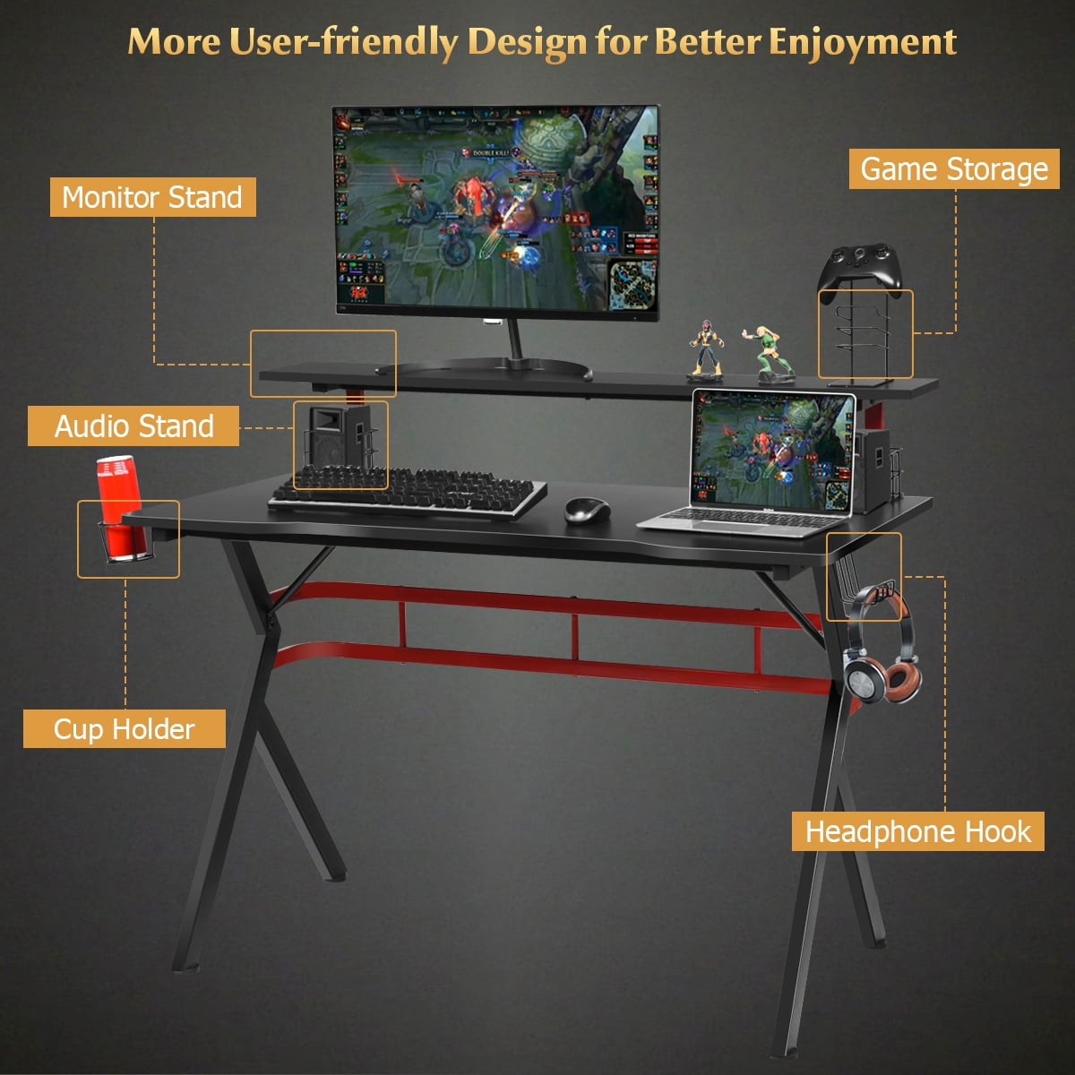 Costway Gaming Desk & Chair Set 48'' Computer Desk & Massage Recliner Chair Black + Red