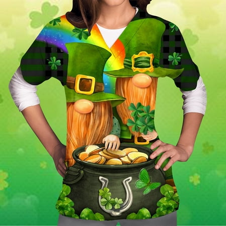 

St. Patrick s Day Fashion Butterfly Print Scrubs Blouses for Women Casual V Neck Short Sleeve Pocket Work Tops Nurse Uniform