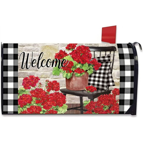 Welcome Spring Geranium Flower Mailbox Cover Magnetic Standard Size 21" x 19", Red Floral Buffalo Plaid Check Post Letter Box Wrap Decor Summer Farmhouse Garden Yard Outdoor Decoration