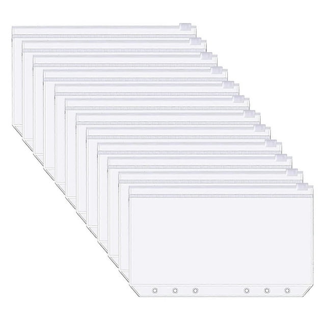 12Pcs A6 Binder Pockets Transparent PVC 6-Hole Binder Pockets Zip Folder Plastic Money Budget Envelopes