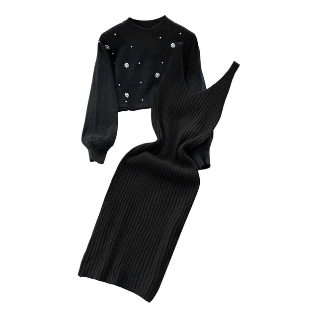JHLZHS Ensemble Robe Portefeuille pour Femmes Mode Robe Tricotée Ensemble Deux Pièces Haut à Enfiler et Robe Bodycon Ensemble 2 Pcs Robe Midi Jumper Robe Tricotée Ensemble Robe Noire Commode Combinaisons pour Femmes Habillées