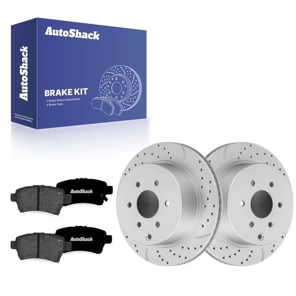 AutoShack Rear Brake Rotors & Premium Pads for Nissan, Pathfinder 2005-2012, 4WD RWD V6 4.0L V8 5.6L - Coated Drilled & Slotted - Silver Matte Finish - TurboGuard - 12.11" (307.5 mm), 6-Lug