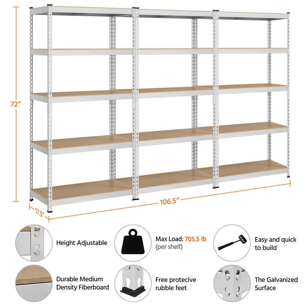 Alden Design 5-Shelf Boltless & Adjustable Steel Storage Shelf Unit, Silver, 3 Pack