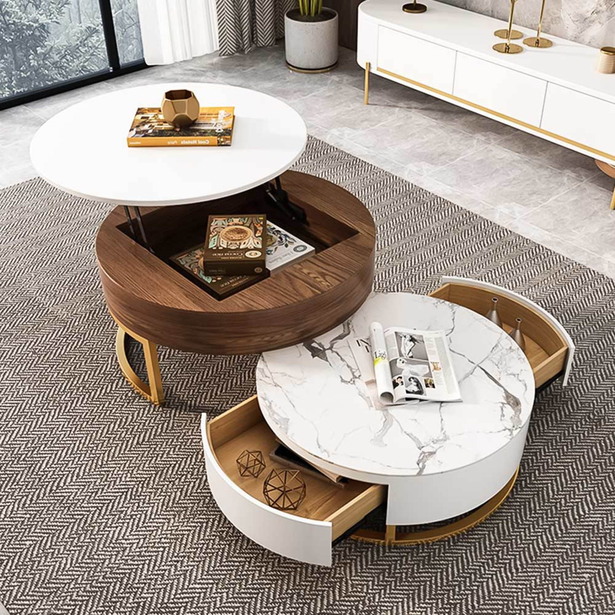 Alva Modern Nesting Coffee Table Set With Sintered Stone Top, Lifttop