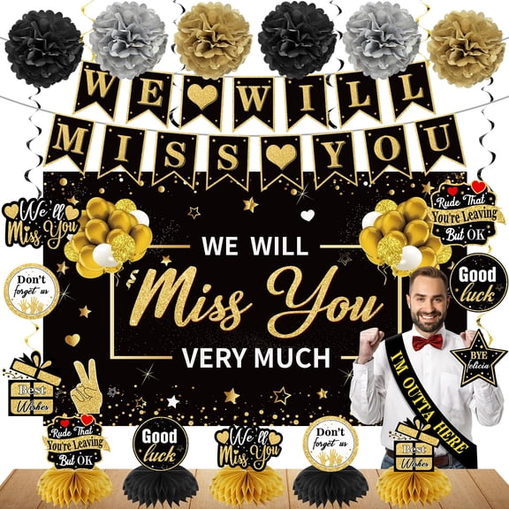 Turypaty Retirement Party Decorations Supplies for Men Women, Black Gold Farewell Decorations, We Will Miss You Banner Backdrop Table Toppers Hanging swirls Pompoms Going Away Party Decorations C113
