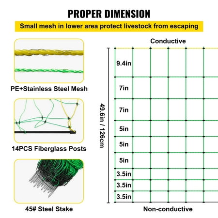 VEVOR Electric Netting Fence Kit Sheep Fencing 49.6"H x 164'L with Posts Spikes