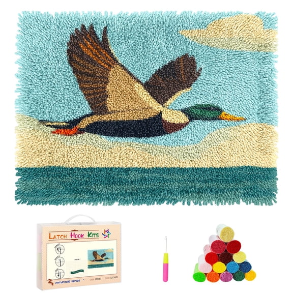 DIY Latch Hook Rug Kits Flying Mallard Cross Lake Stamped Non-slip Mat Crochet Yarn Hook and Latch Emboridery Tapestry for Home Floor Decor and Pet Warm Cushion 52x38cm(6)