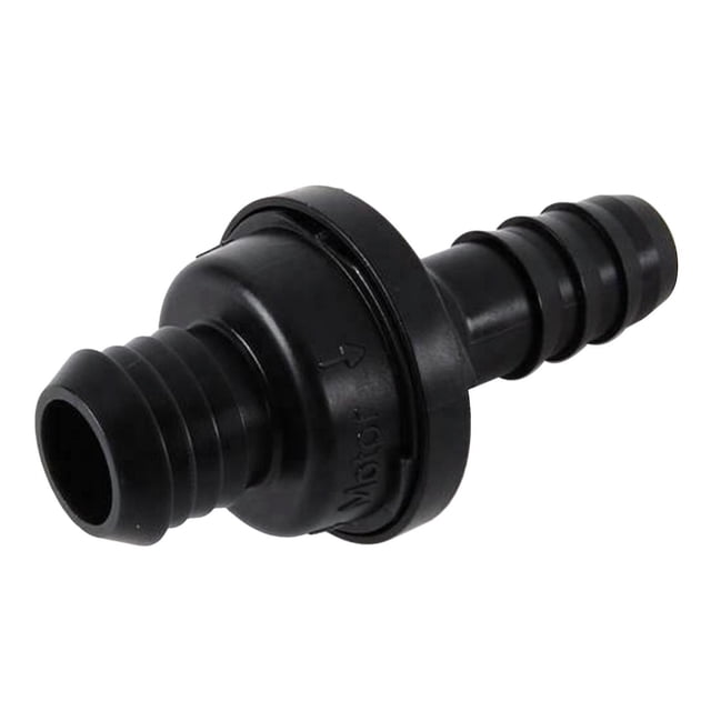 válvula antirretorno del servomotor del freno de la manguera de ventilación pcv compatible con bmw e36 e46 e85 vista frontal centrada de la pieza en plástico negro con brida anular y extremos acanalados para manguera; flecha indica dirección de flujo. Fondo blanco, incluye 1 válvula; a menudo usada para pruebas de vacío en sistemas PCV.