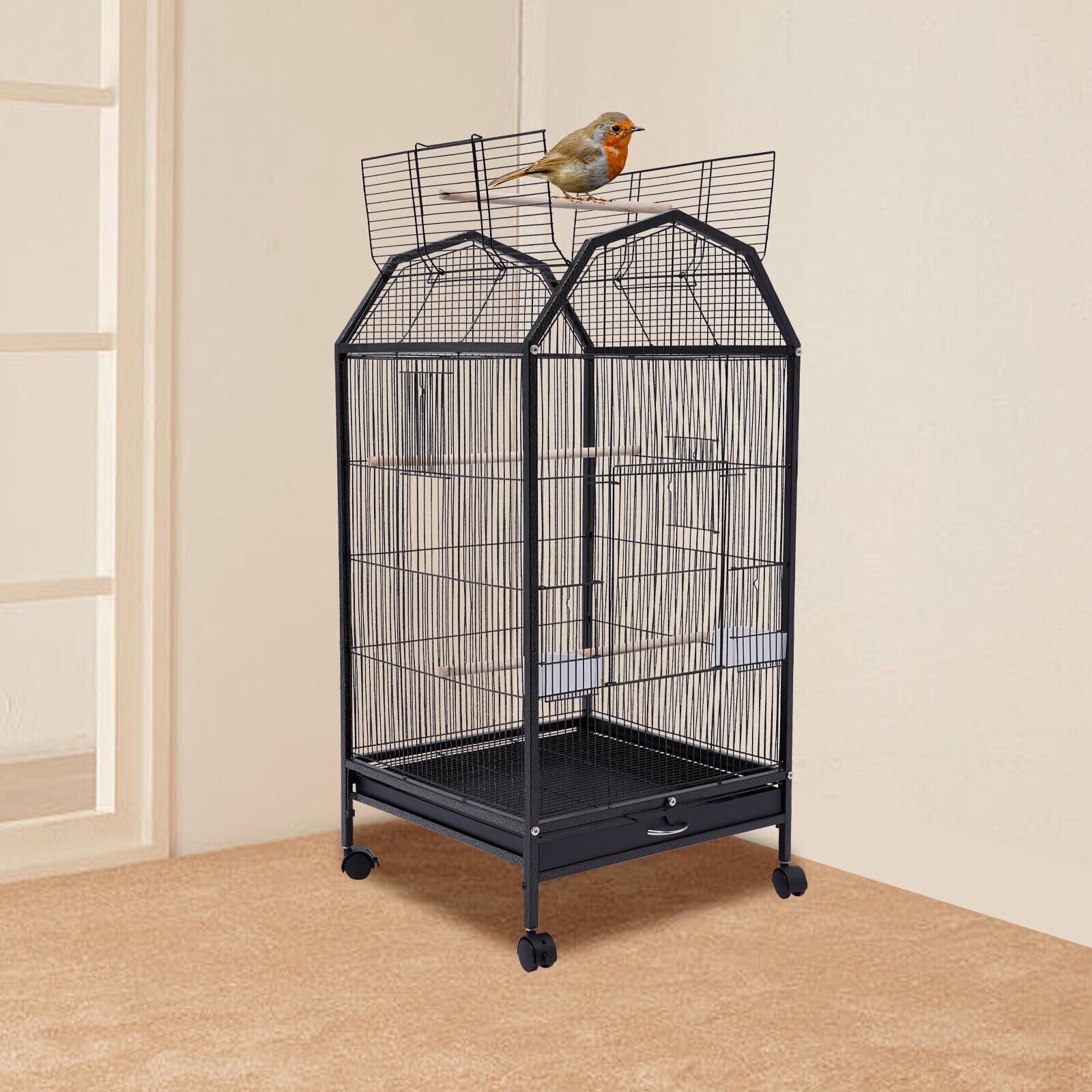Denest Black Large Bird Cage wit Rolling Stand Cockatiel Parakeet Finch Parrot Birdcage