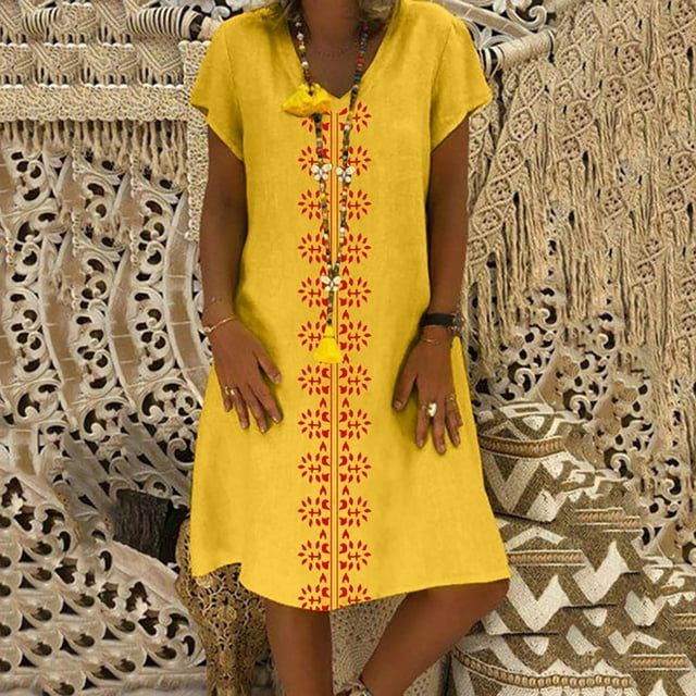 Pisexur Robe à Manches Courtes à Col en V Longueur Genou Femmes Style d'Été Robe Imprimée à Col en V Robe à Manches Courtes Robe pour Dames Robe pour Femmes