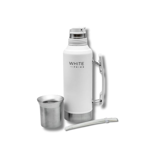 Yerba Mate Starter Kit 1.2L with Thermos, Cup Lid, Bombilla and Yerba | WHITE Prime