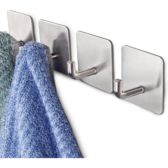 Adhesive Hooks Heavy Duty Stick on Wall Towel Door Waterproof Stainless Steel Holders for Hanging Clothes Bathroom Hook 4 Pack