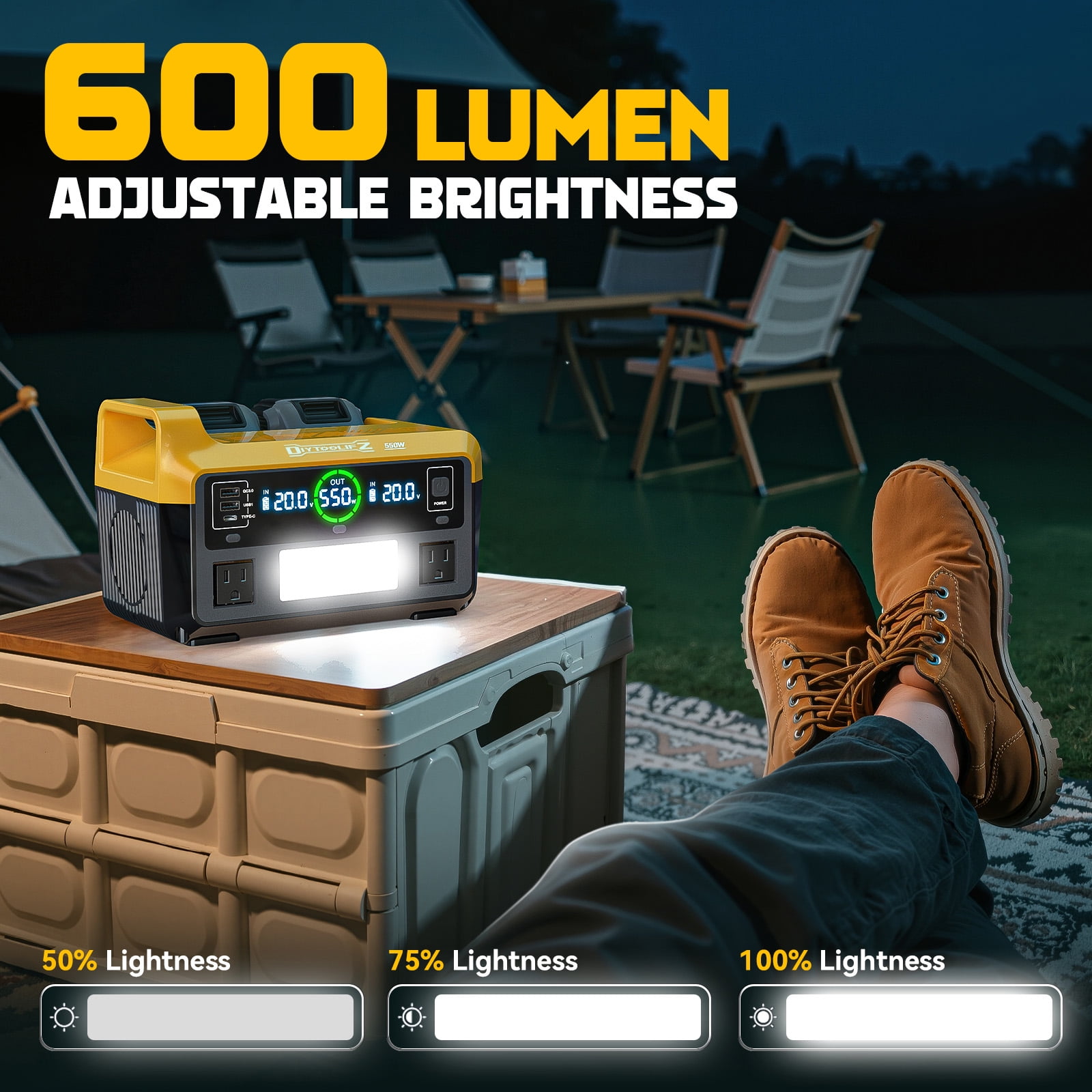 550W Portable Power Inverter Compatible with Dewalt 20V Battery, Power Station DC 20V to AC 110V Pure Sine Wave, Battery Power Adapter 2USB&Type-C, Generator Phone Charger LED Light Camping Emergency