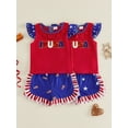 thumbnail image 3 of BemeyourBBs Toddler Baby Girl 4th of July Outfit Patriot Independent Day Summer Clothes I Love USA Letter Embroidery Fly Sleeves Shirt Tops Star-Stripe Ruffled Shorts Set Baby Fourth of July Outfit, 3 of 9
